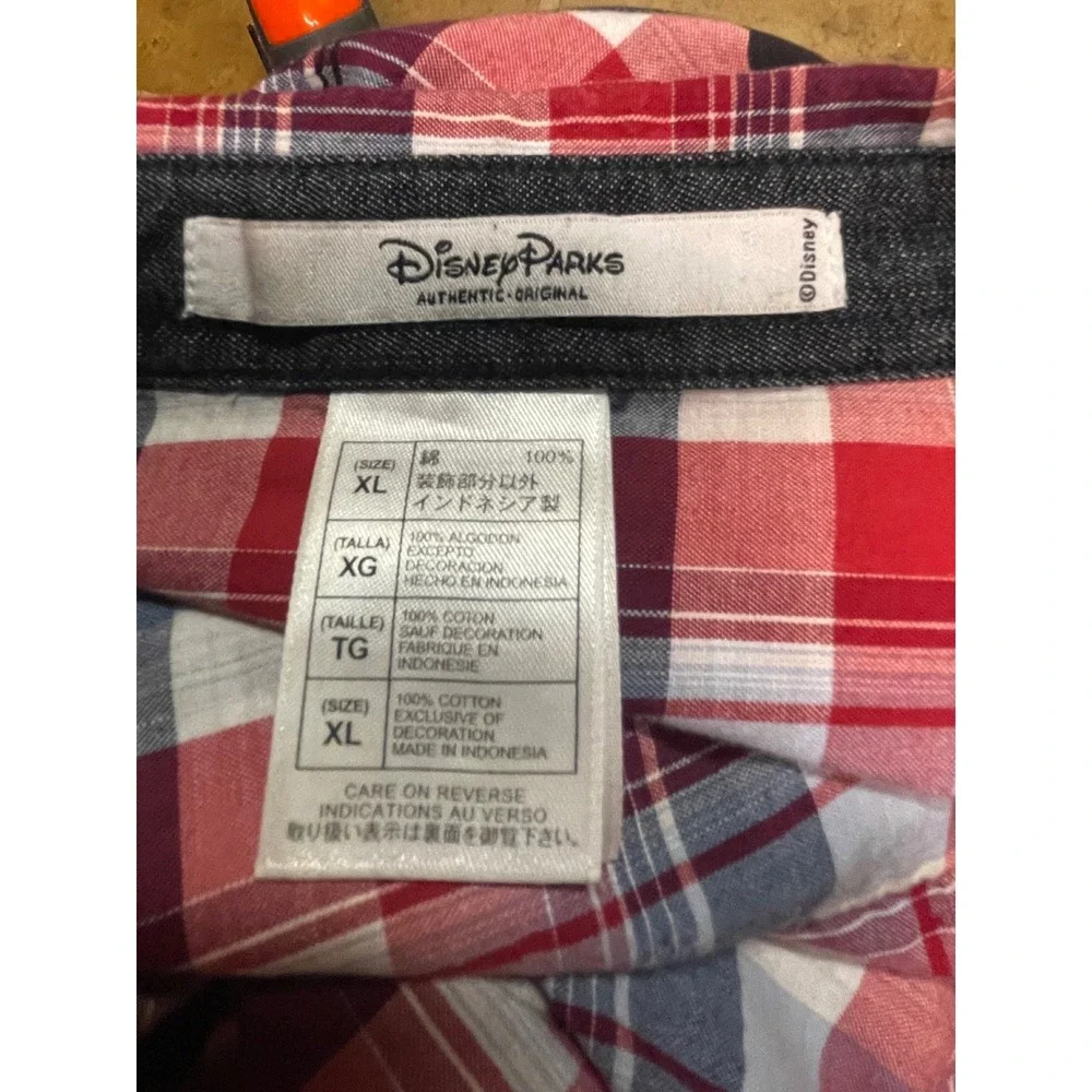 Disney Parks Mickey Mouse Plaid Shirt Mens XL Red Blue Walt‎ Disney World